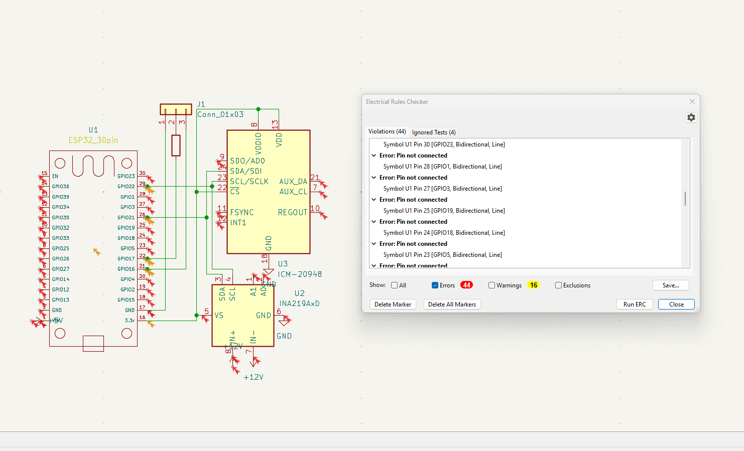 Circuit schematic for on-board electronics. 44 Errors is unheard of... I`ll need to fix those. I think the main problem is that I used Kicad raw components rather than breakout boards for the schematic design.