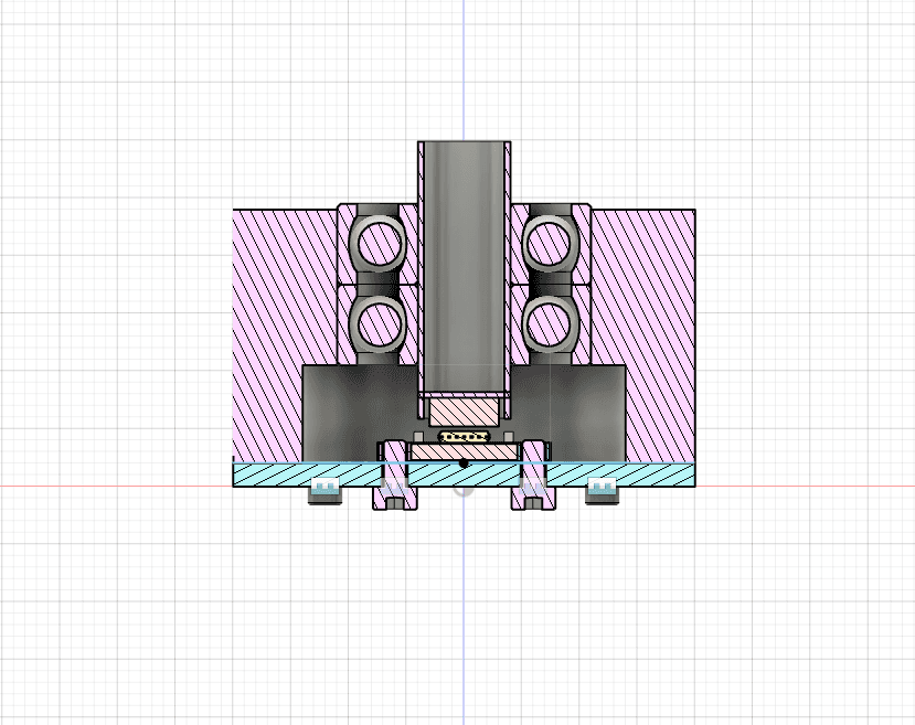 The following was designed in Fusion360. It was designed so that a magnet would hover ~1mm above the encoder, the optimal distance. As this joint would be placed at the bottom, the joint itself would not require a slip ring, it can be placed on the cart itself. The encoder wire will pass through the 608-2RS bearing through the revolute joint, and through the arm.